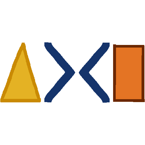 A yellow triangle and a orange rectangle. Between them are a dark blue greater than symbol and dark blue less than symbol. They face away from each other.